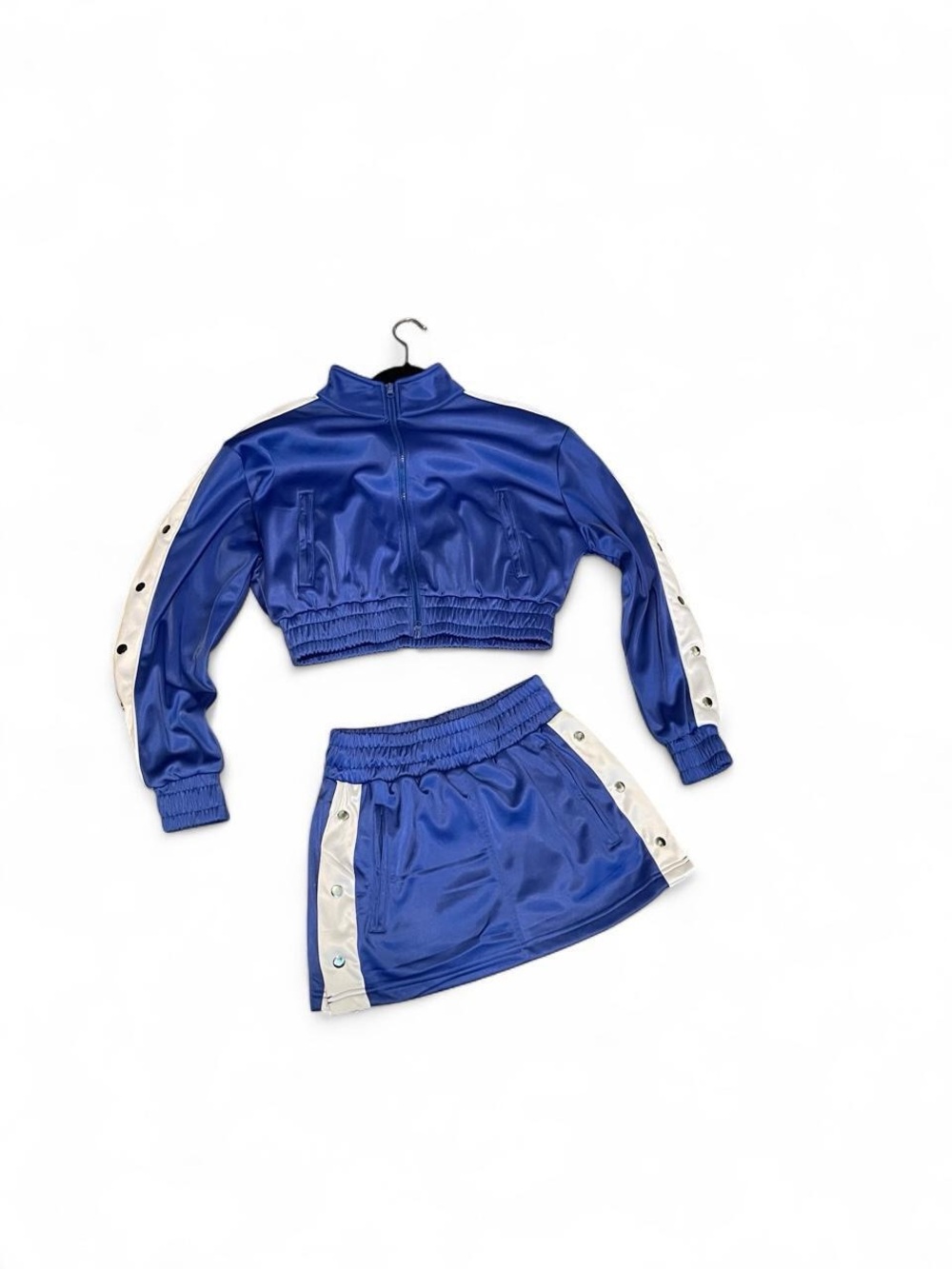 Blue Two-Piece Track Set with White Side Trim and snap away button closures